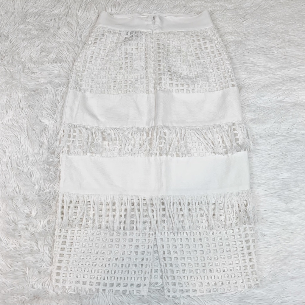 Sea New York Laser Cut Eyelet Fringe Midi Skirt In White High Waist Slit — image 6 of 8